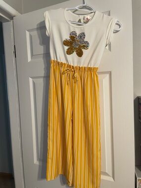 Girls' Cream and Yellow Stripe One-Piece Jumpsuit with Sequin Flower
